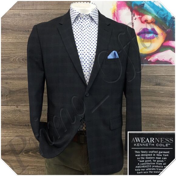 Kenneth Cole Mens Blazer Sport Coat Two Button Casual Jacket Size 44R‎ Wool Suit